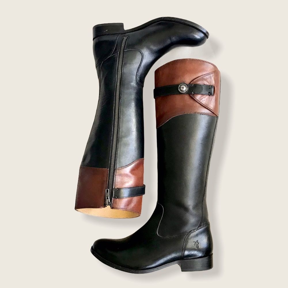 $399 Frye Molly Button Black Brown Multicolor Leather Equestrian Riding Boots - Picture 16 of 16